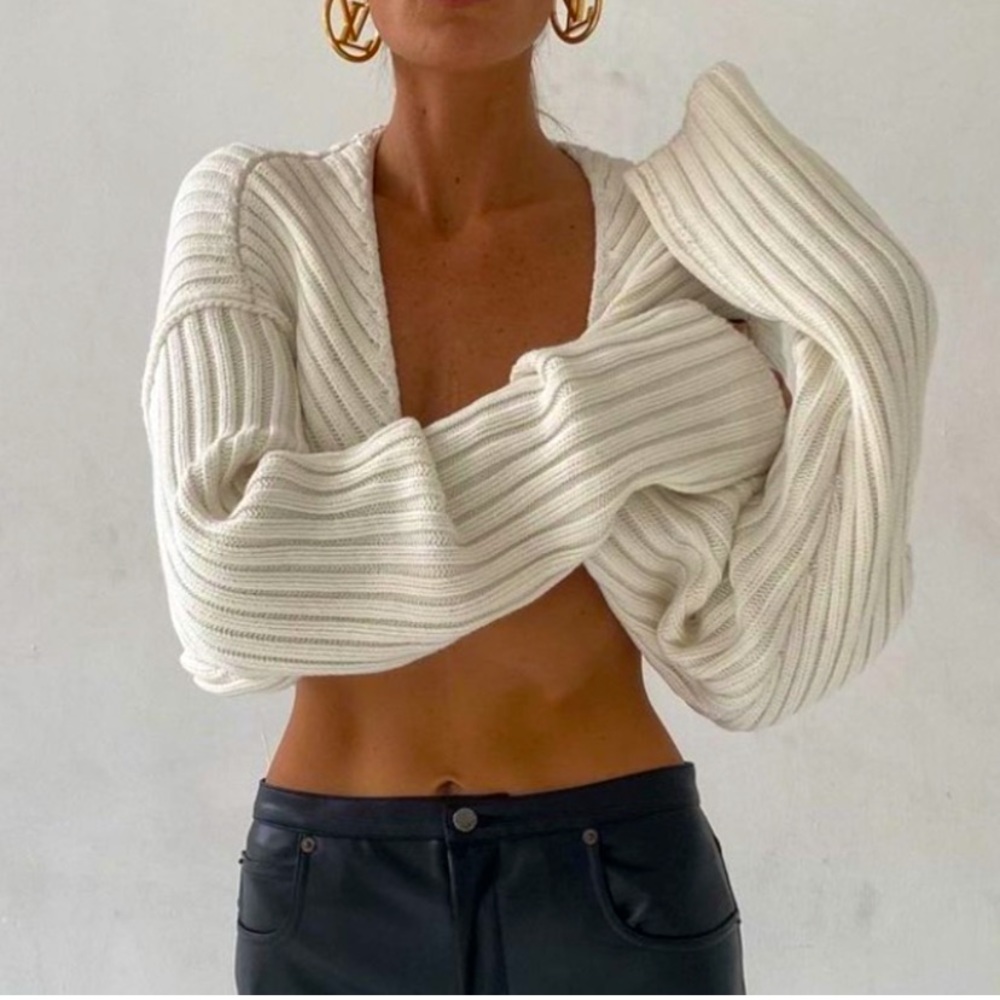 Simonett cotton crop sweater sleeves cardigan one size ivory